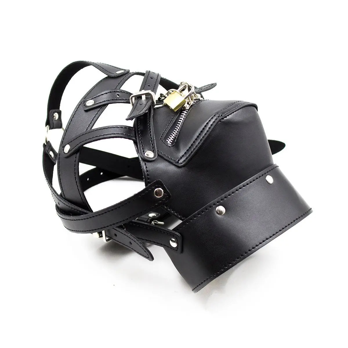 Belted Leather Hood with Mouth & Head Lock