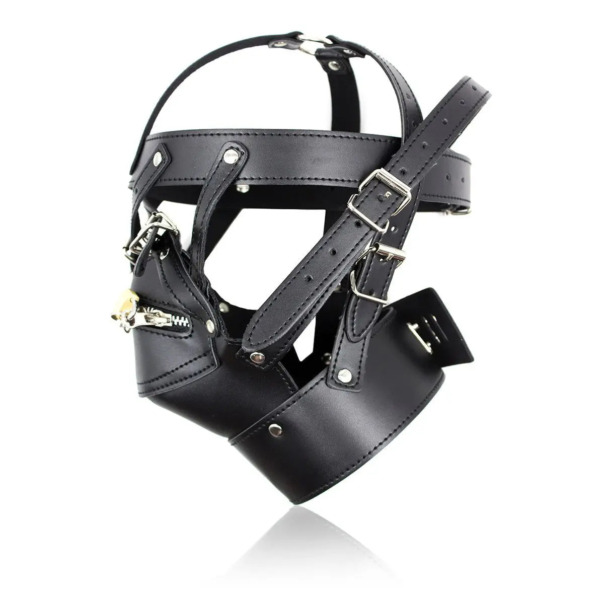 Belted Leather Hood with Mouth & Head Lock